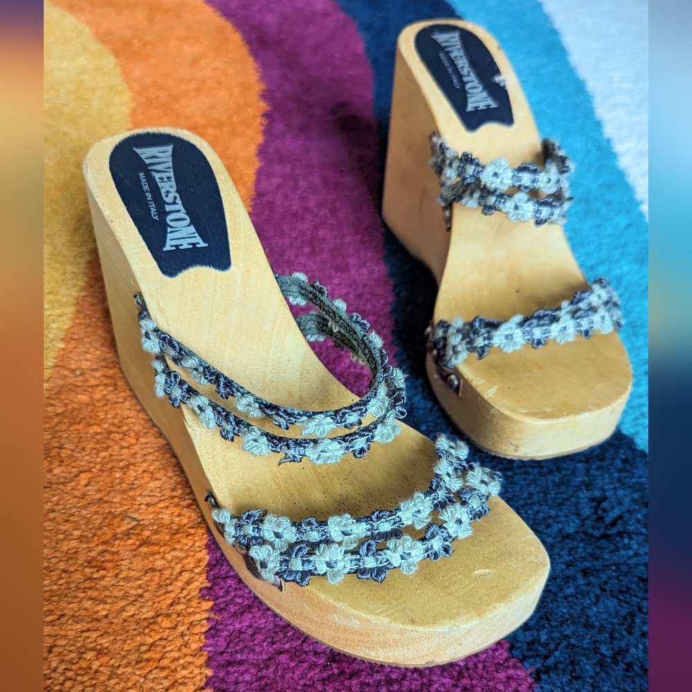 Platform Wooden Wedges with Floral Straps
